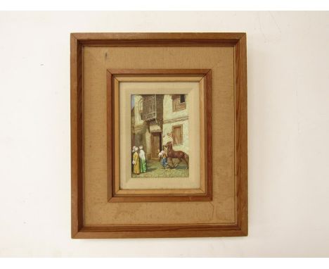 A late 19th Century/ early 20th Century oil on panel Arabic figure leading horse on street with onlookers, unsigned work set 