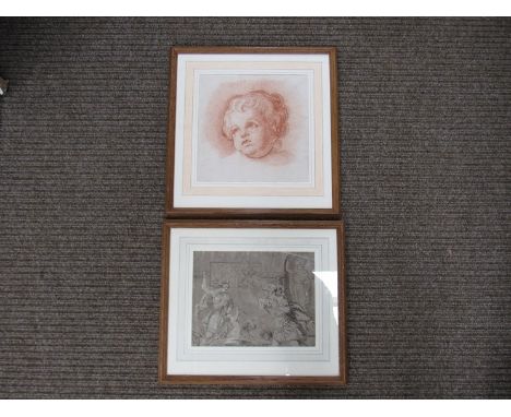 An 18th Century framed monotone watercolour/pencil drawings classical figures and portrait of a young child 