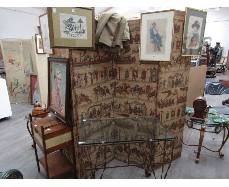 An early 20th Century four fold room screen, slightly later covered in machine woven "Bayeaux Tapestry" fabric to one side, W