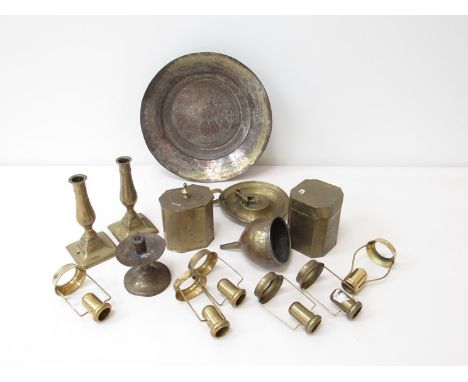 Mixed brass including tea caddy canister, candlesticks and dish