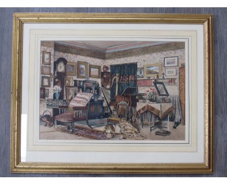 A framed and glazed early 20th Century watercolour, interior parlour room scene with harp and piano, Unsigned work. 33cm x 48