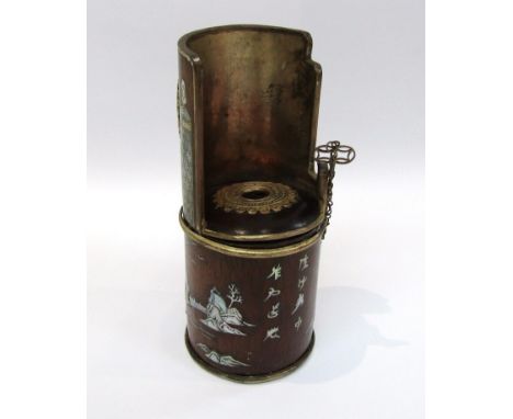 A Chinese bamboo incense burner of cylindical form, inlaid in mother of pearl and mounted in plated metal, 18cm tall