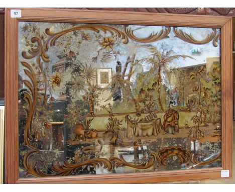 A 19th Century painted mirror in the chinoiserie taste, musicians in exterior garden scene, deterioration present, pine frame