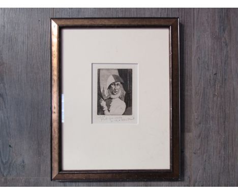 A framed and glazed etching, trial plate to test biting strength, depicting Harlequin, unsigned plate size 12.5cm x 9.5cm 