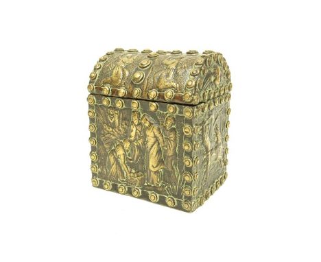 A 19th Century cast bronze casket as an antique studded dome top trunk, decorated with Biblical scenes, 9cm wide x 11cm tall