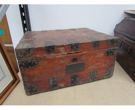 A 19th Century mahogany silver chest with metal banding (lock detached) with brass plaque inscribed "The Rt Honorable Lord Ve