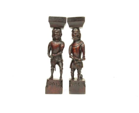 A pair of 19th Century Continental pillar carvings "Le Prince No'r & Le Roi Jean, 39cm tall