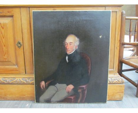 An early 19th Century oil on canvas portrait of an elderly gentleman seated in a Burgundy leather armchair. Unsigned work. Un