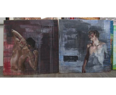 Two late 20th Century unframed acrylics on mdf board, male nudes.  Unsigned works, no labels.  Each panel 91.5cm  x 91.5cm