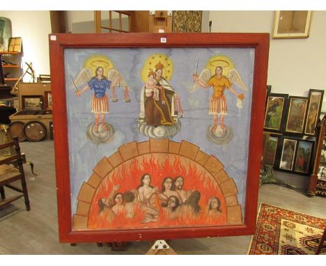 A large 19th Century oil on hessian panel depiction of heaven and hell unsigned work stretched over a stained pine frame with