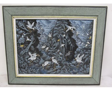 Bali/Ubud art canvas painting signed K. Mawi, Bali Tebesaya Ubud. Cranes in the&nbsp; enchanted monkey forest 66x82cm framed