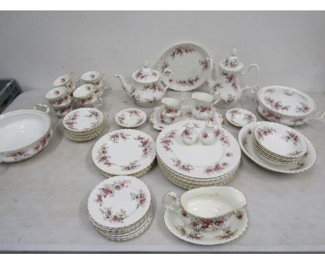 Royal Albert 'Lavender Rose' part dinner service comprising 8 cups, saucers and cake plates, cream jug, milk jug and sugar ba