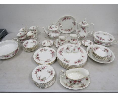 Royal Albert 'Lavender Rose' part dinner service comprising 8 cups, saucers and cake plates, cream jug, milk jug and sugar ba