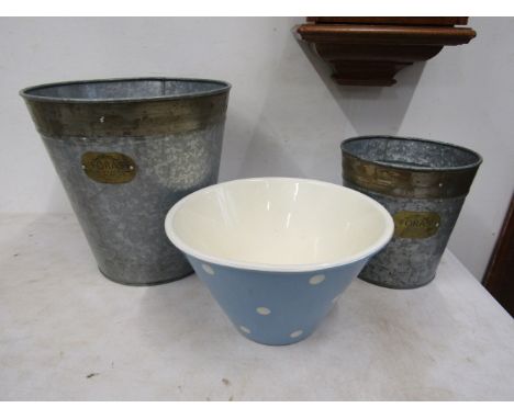 Laura Ashley polka dot planter and 2 Galvanised platers