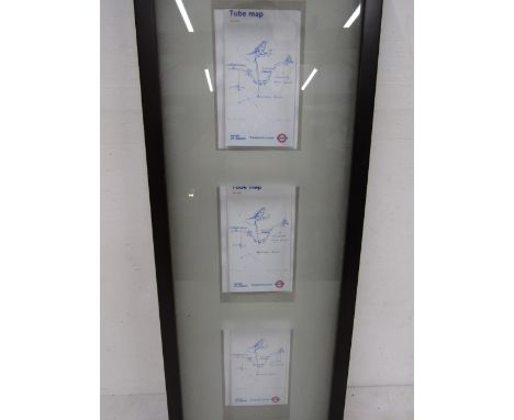 Tracey Emin 'The Central Line' pocket tube map print (x 3) in box frame 64x23cm