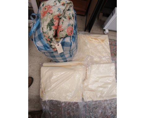 Floral/chintz vintage curtains with pelmet 9'7" long 6' wide. interlined and a quantity of linen tablecloths
