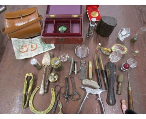 A collectors lot to include novelty brass legs bottle opener, Jade pendants, Grand Prix token&nbsp; etc etc etc