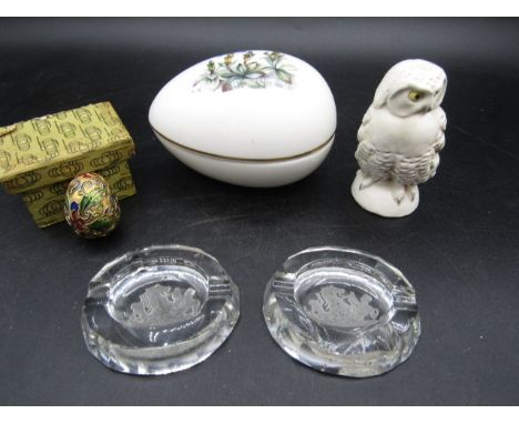Royal Worcester egg trinket, Goebel owl, small metal style egg with box and 2 small glass ashtrays- one is heavily chipped