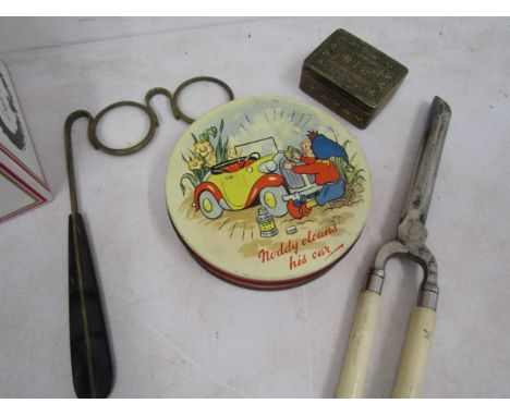 Hand magnifying glasses, Noddy tin, brass pot, Commemorative mug, vintage hair curlers/tongs