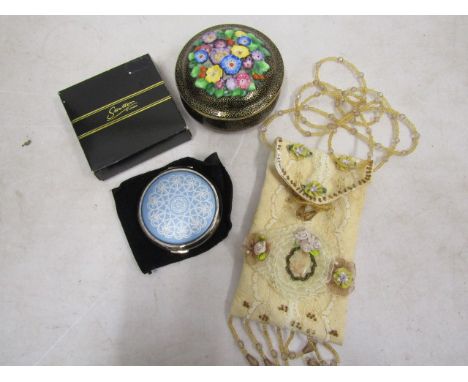 Stratton's compact, lidded pot and beaded glasses case