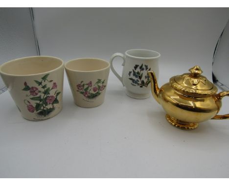 Royal Worcester gilded teapot, Holkham pottery planters and Portmeirion mug
