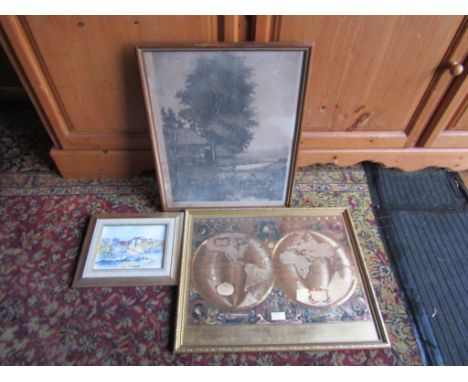 D.Horne 'Robin Hoods Bay' watercolour, signed bottom right, framed print and foil world map&nbsp;