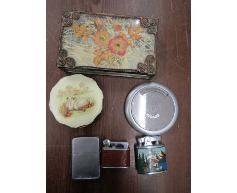3 lighters, a compact, perpetual; calendar and a glass pressed flowers box