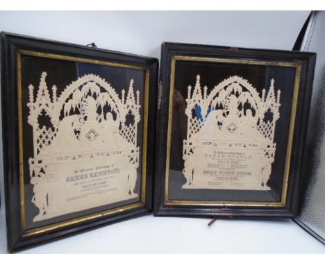 Two beautiful Victorian embossed mourning cards housed in their original black and gold wooden frames and backed on the origi