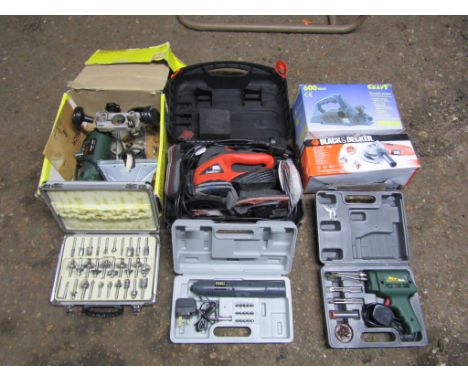 Power tools to include sander, router with router bit set and angle grinder etc (all have plugs)&nbsp;
