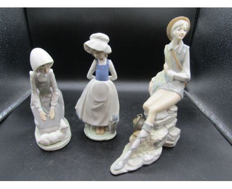 2 Nao figures- girl with dog and girl kneeling with lamb plus a similar style figure of a gent marked 'Made in Spain' at base