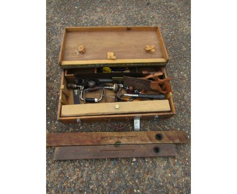 An engineers box with tools inc Record plane and vintage spirit levels