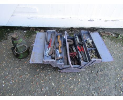 Metal toolbox with tools and bottle jack&nbsp;