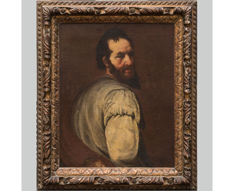 Portrait of a bearded man looking to the side in front of a brown background. Oil on canvas. Framed. We are thankful to Profe