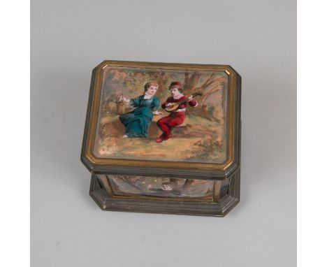 Iron cutted box with lid and gilded bronze decorations and feeds. Octagonal shape. Lock decorated with five animals painted, 