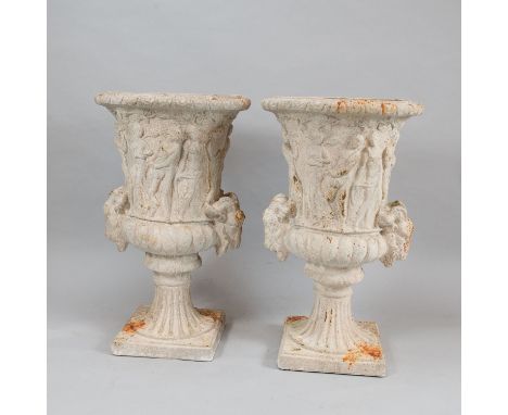 Each on quadratic base wit fruited feet, capricorn side heads and classical figures. White painted, lightly weathered. Cerami