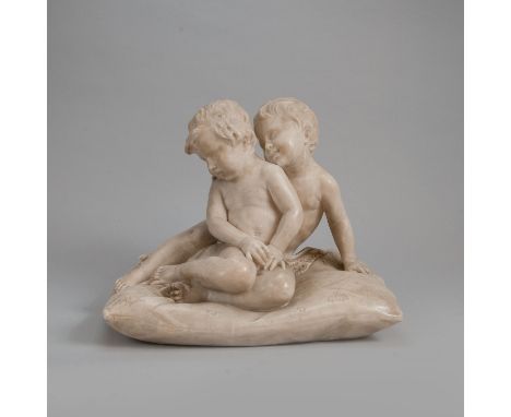Two playing boys, white alabaster with gravings signed on the reverse. 35 x 30 x 45 cm. Around 1900.
