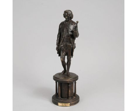 Bronze statue casted with original patina. French mid of 19th century. On later wooden base described Thomas Jefferson 1743 b