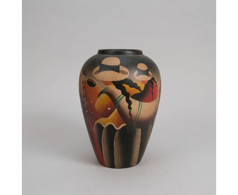 Cubic shape, ceramic with painted women carrying vases, Painted in cold colours, Signed on the bottom Aguilar. 20th century. 