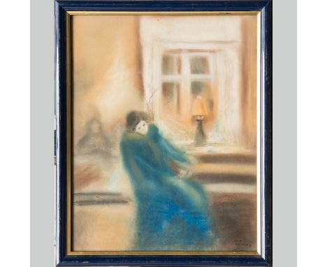 Jozsef Rippel Ronai (1861-1927)- attributed, Woman by a lamp, pastel on paper, signed bottom right, framed under glass, 37 x 