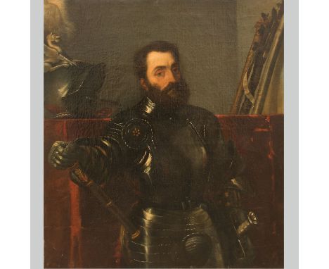 Portrait of a gentleman in armour with helmet in interior. Oil on canvas described on the reverse. In highly decorative 19th 