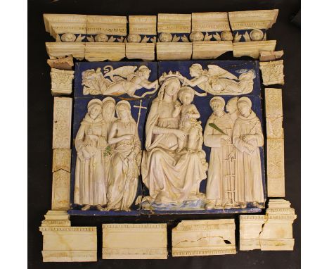 Ceramic altar with Madonna, Jesus, Saints and Angels framed by classical freeze with columns, angel heads and stepped borders