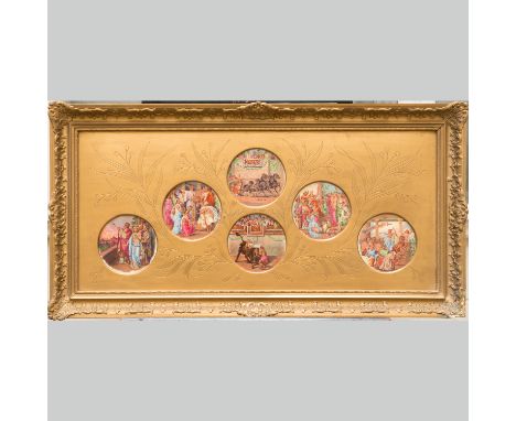Quo Vadis, six with ancient Roman scenes decorated round ceramic plates, described Quo Vadis in gilded frame with wooden gild