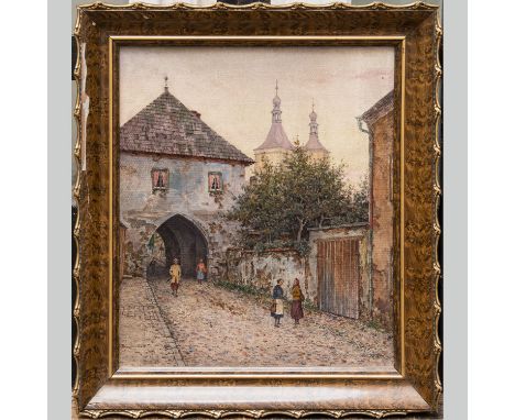 Gustav Brauner (1880-1966), The Medel gate in Unicov Moravia, oil on canvas on board, signed bottom right, 35 x 29 cm