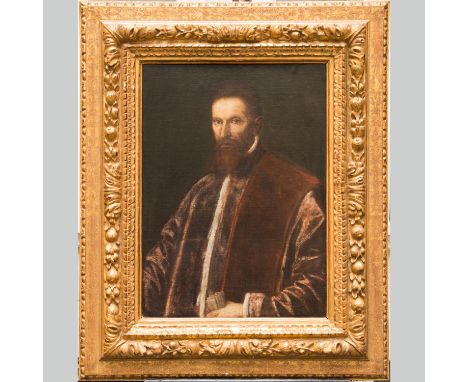 Portrait of a doge or honorable. Oil on canvas. Framed on the reverse. Old gallery label. In a gilded frame in Renaissance ma