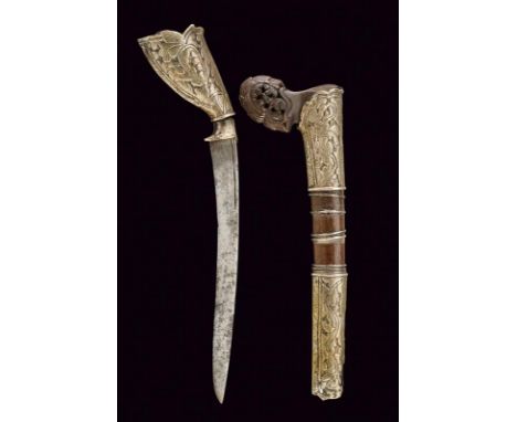 dating: 19th Century provenance: Malaysia, Slightly curved, single-edged blade; hilt covered with silver foil, embossed with 