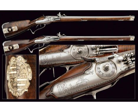 dating: circa 1700 provenance: Darmstadt, Heavy, rifled, octagonal, 15 mm cal. barrels, signed 'ALBRECHT A DARMSTAT' at the b
