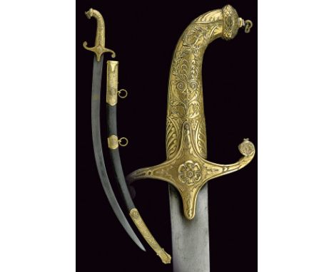 dating: 19th Century provenance: Europe, Curved, single-edged blade of Oriental style (damask?), featuring a gilt cartouche o