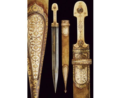 dating: 19th Century provenance: Caucasia, Straight, double-edged blade, with deep, asymmetric groove, long, gold-inlaid insc