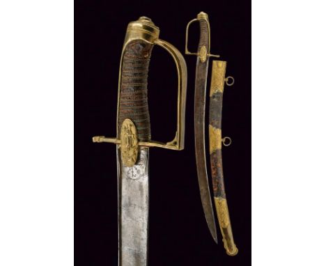 dating: late 18th Century provenance: France, Wide, curved, single-and false-edged blade, with 'T'-back, the base with trophy