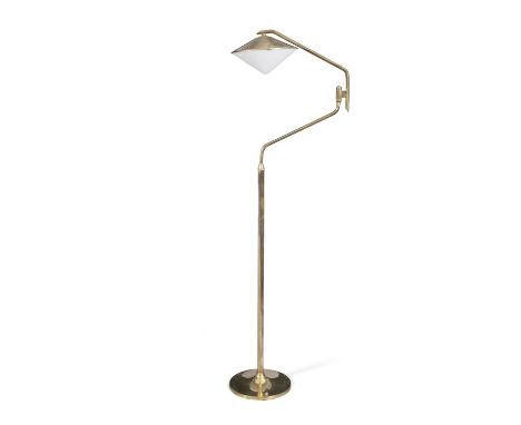 STILNOVOA brass floor lamp by Stilnovo, with an opaline glass shade, Italy, c.1960. 168cm (h)